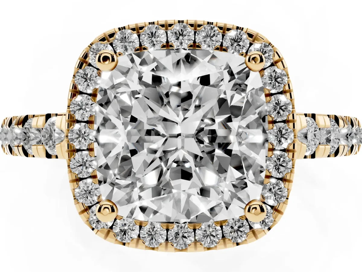 Cushion Cut Diamond Halo Ring with Pavé Band and Four-Prong Setting Yellow gold