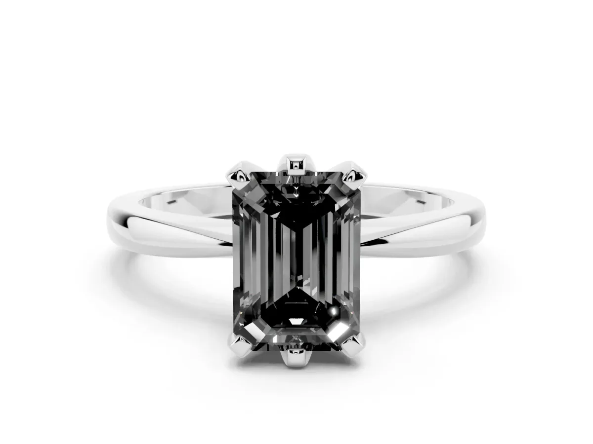 Fancy Black Emerald Cut Solitaire Engagement Ring with Six-Prong Setting and Tapered Band Silver