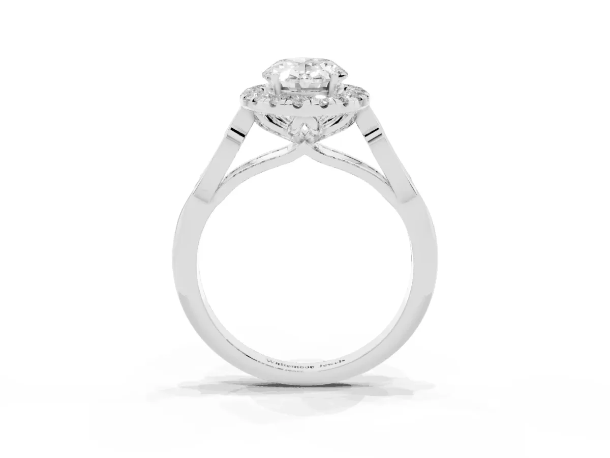 Oval Cut Halo Diamond Engagement Ring with Filigree Band and Four-Prong Setting White gold