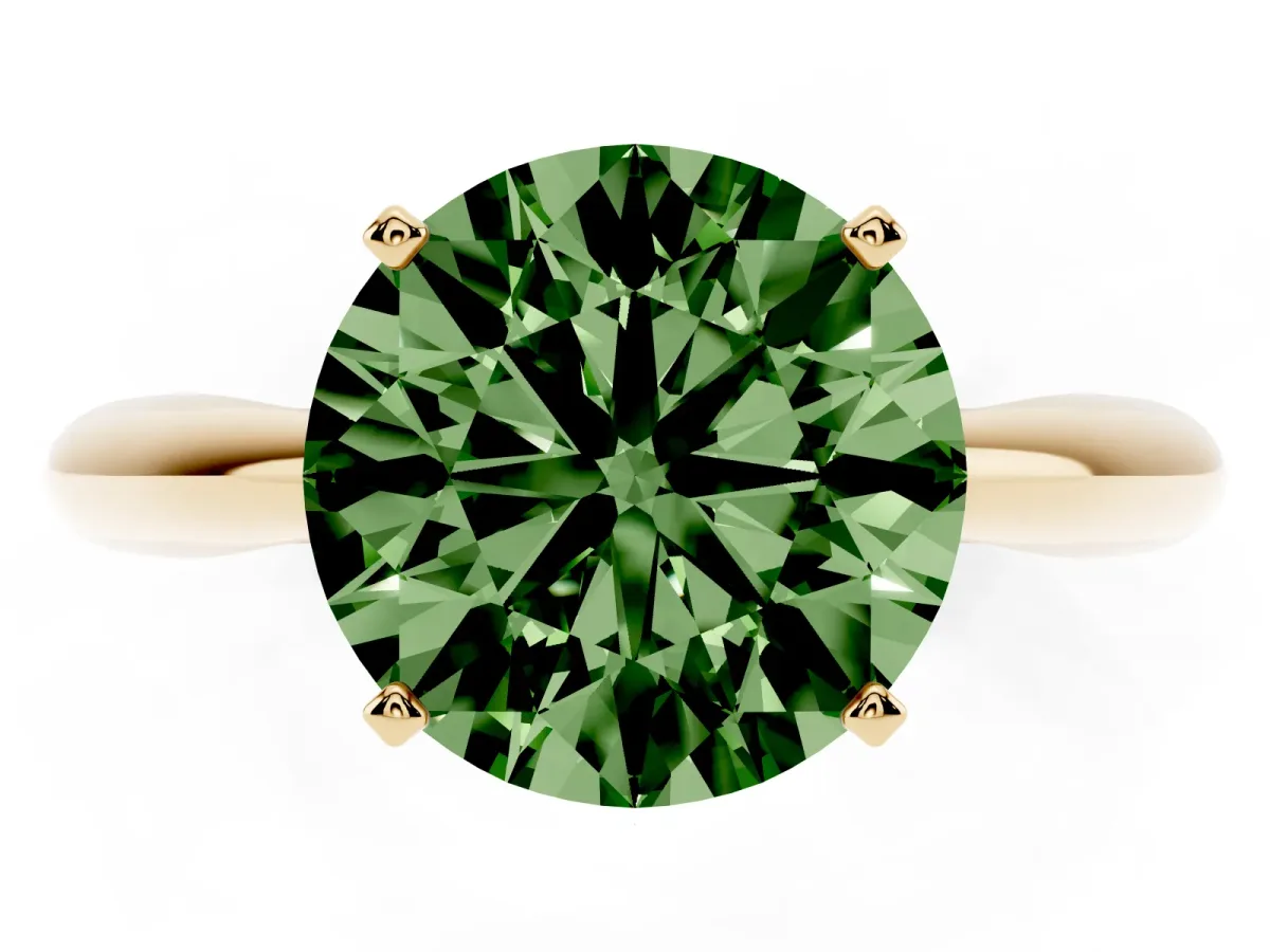 Fancy Green Round Cut Diamond Solitaire Engagement Ring with Cathedral Setting and Four-Prong Mount Yellow gold