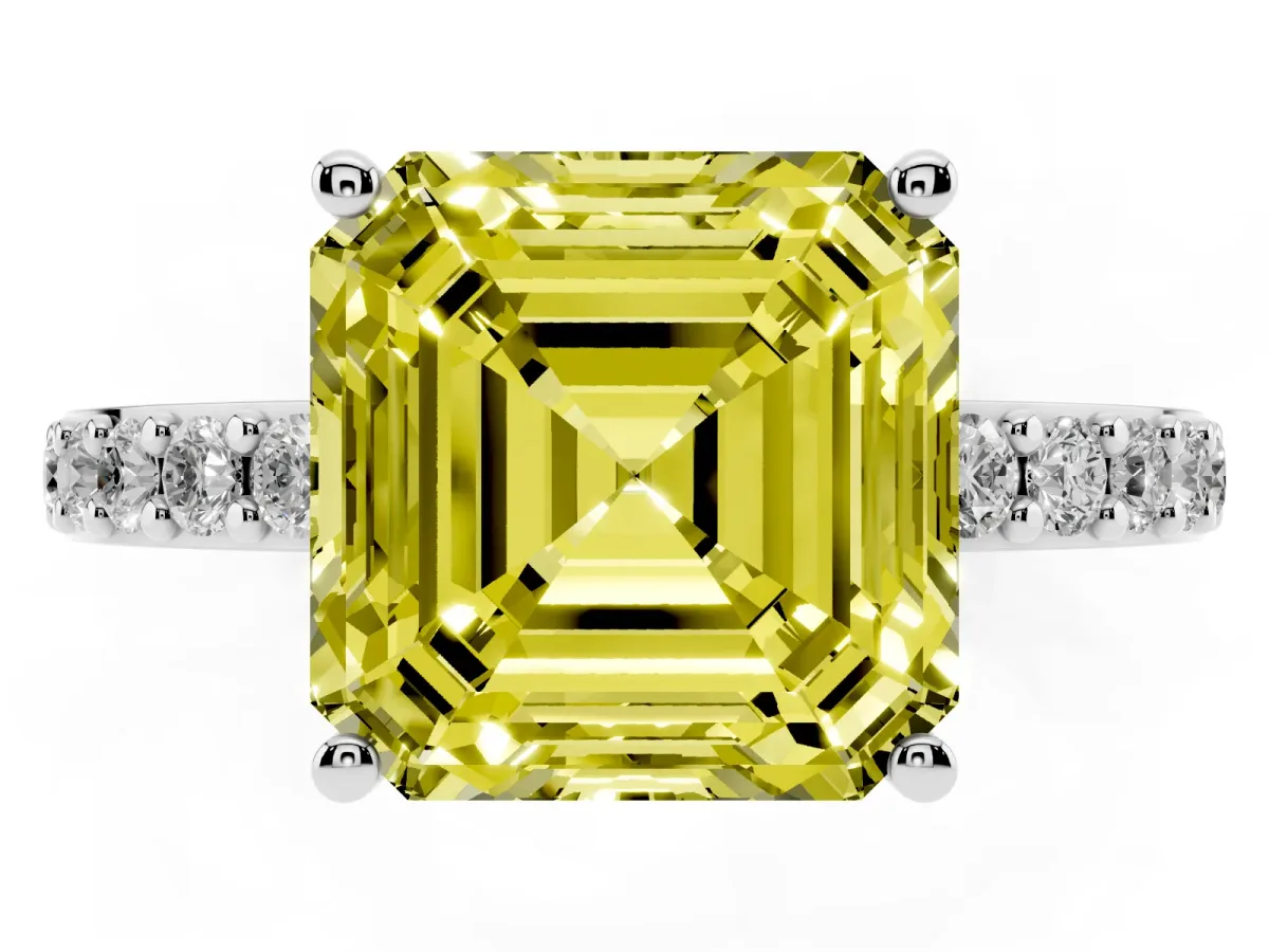Fancy Yellow Asscher Cut Cut Diamond Solitaire with Pave Band and Four-Prong Setting Silver