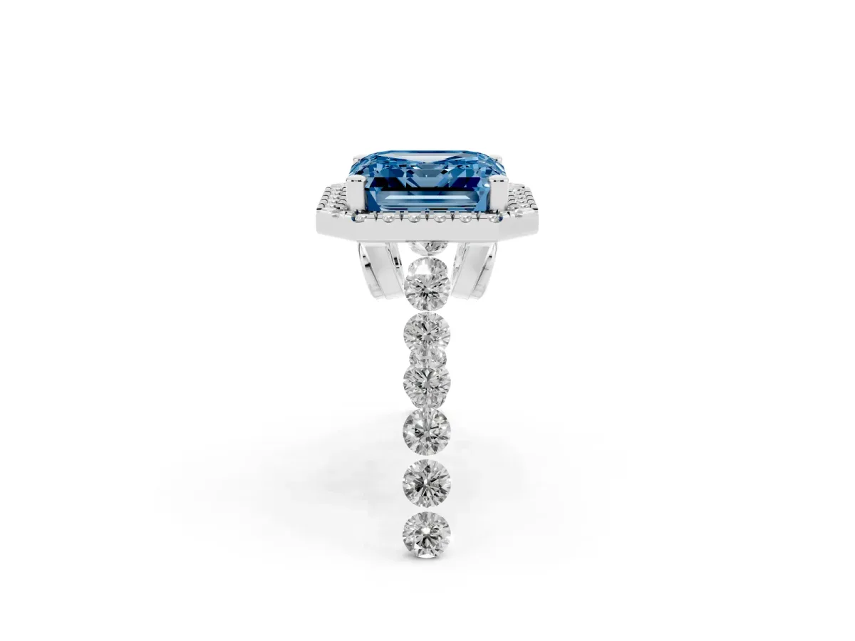 Fancy Blue Asscher Cut Halo Pavé Diamond Engagement Ring with Four-Prong Setting Silver