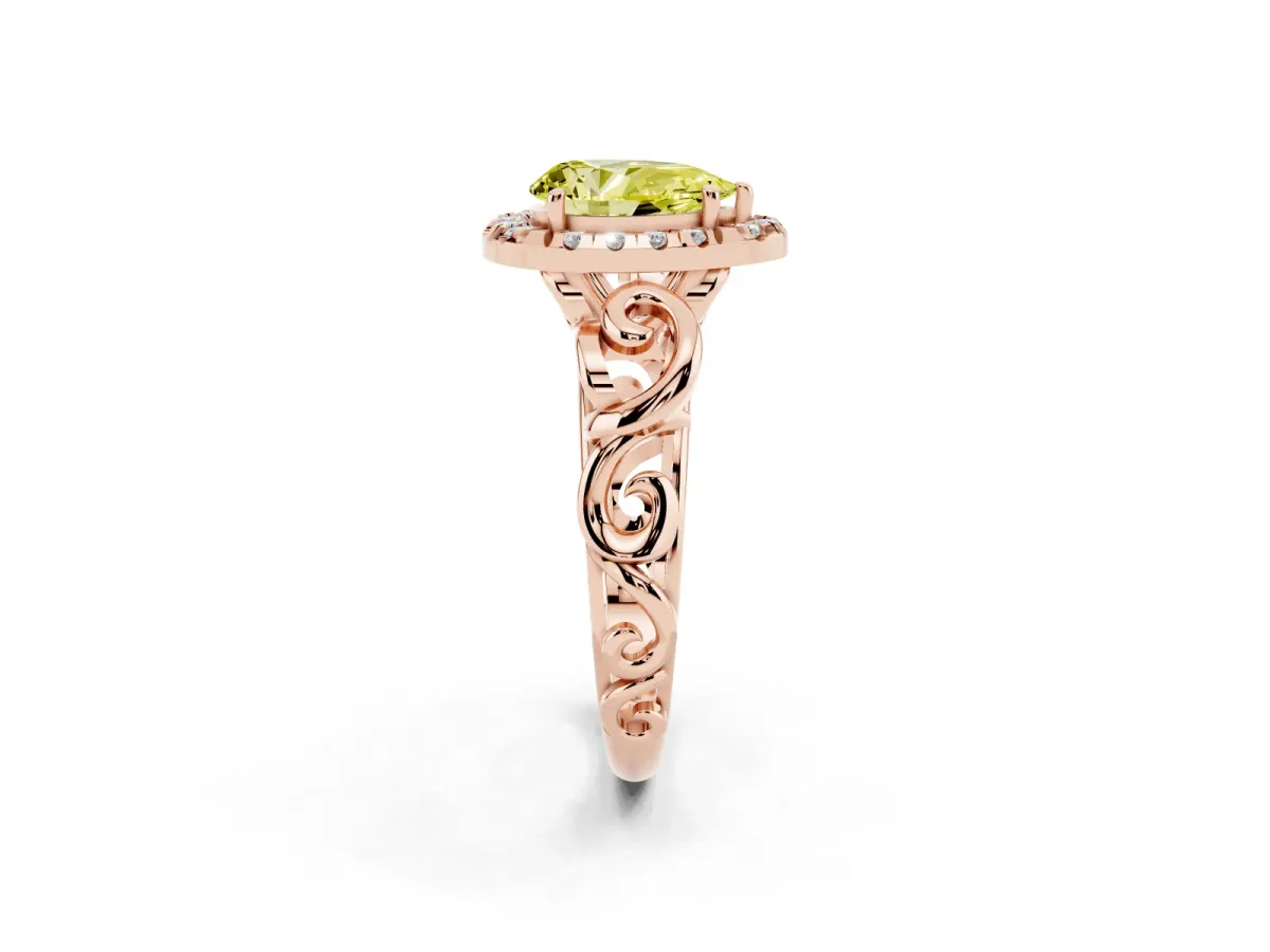Fancy Yellow Pear Cut Cut Halo Diamond Ring with Scrollwork Band and Four-Prong Setting Rose gold