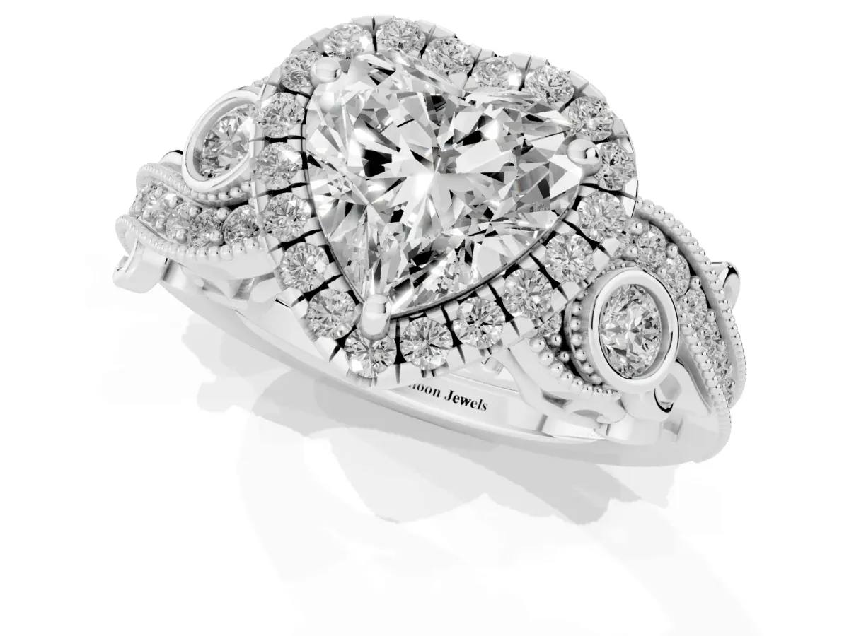 Heart Cut Diamond Halo Ring with Milgrain Pavé Band and Four-Prong Setting White gold