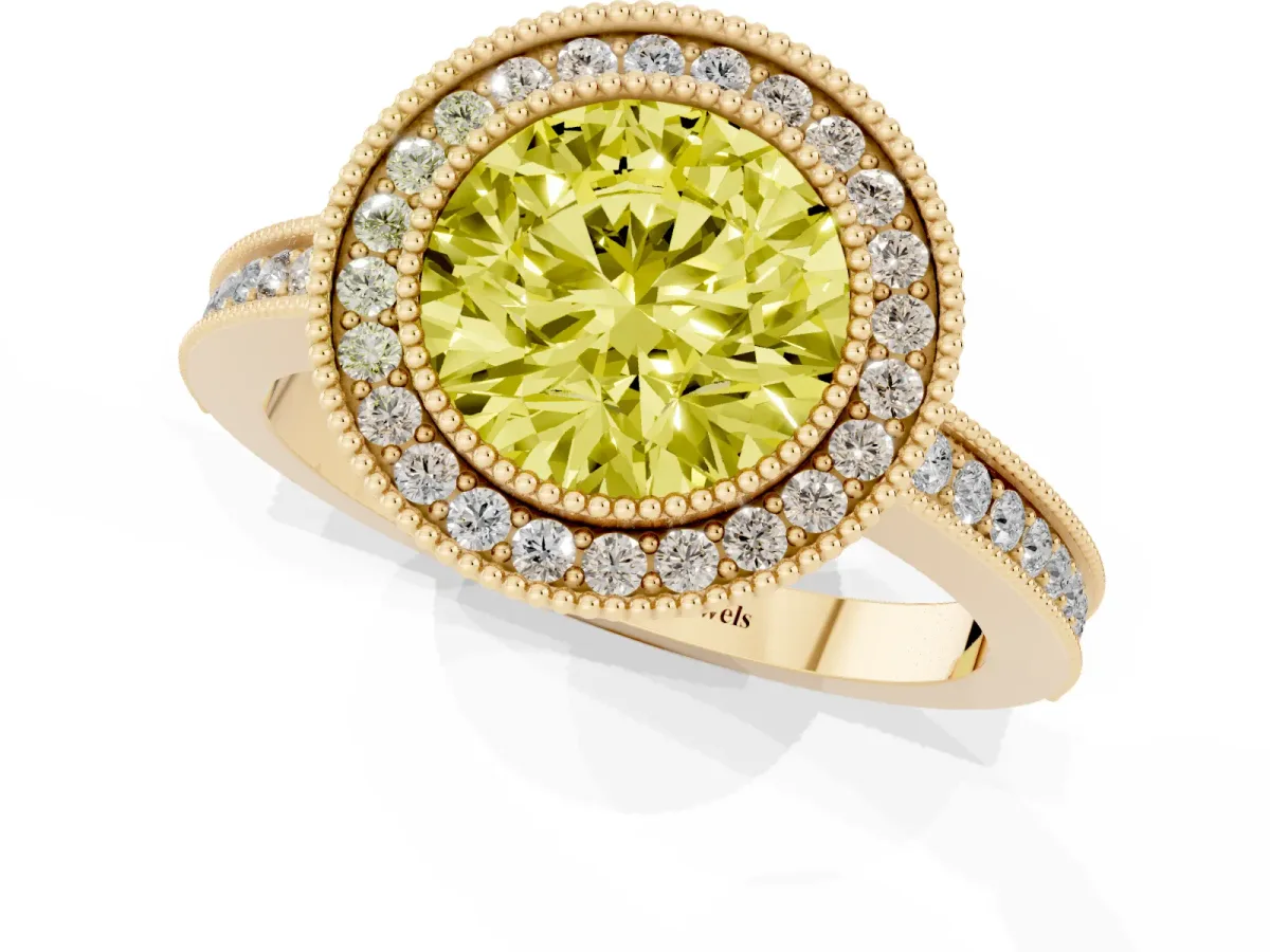 Fancy Yellow Round Cut Cut Halo Diamond Ring with Pavé Band and Milgrain Prong Setting Yellow gold