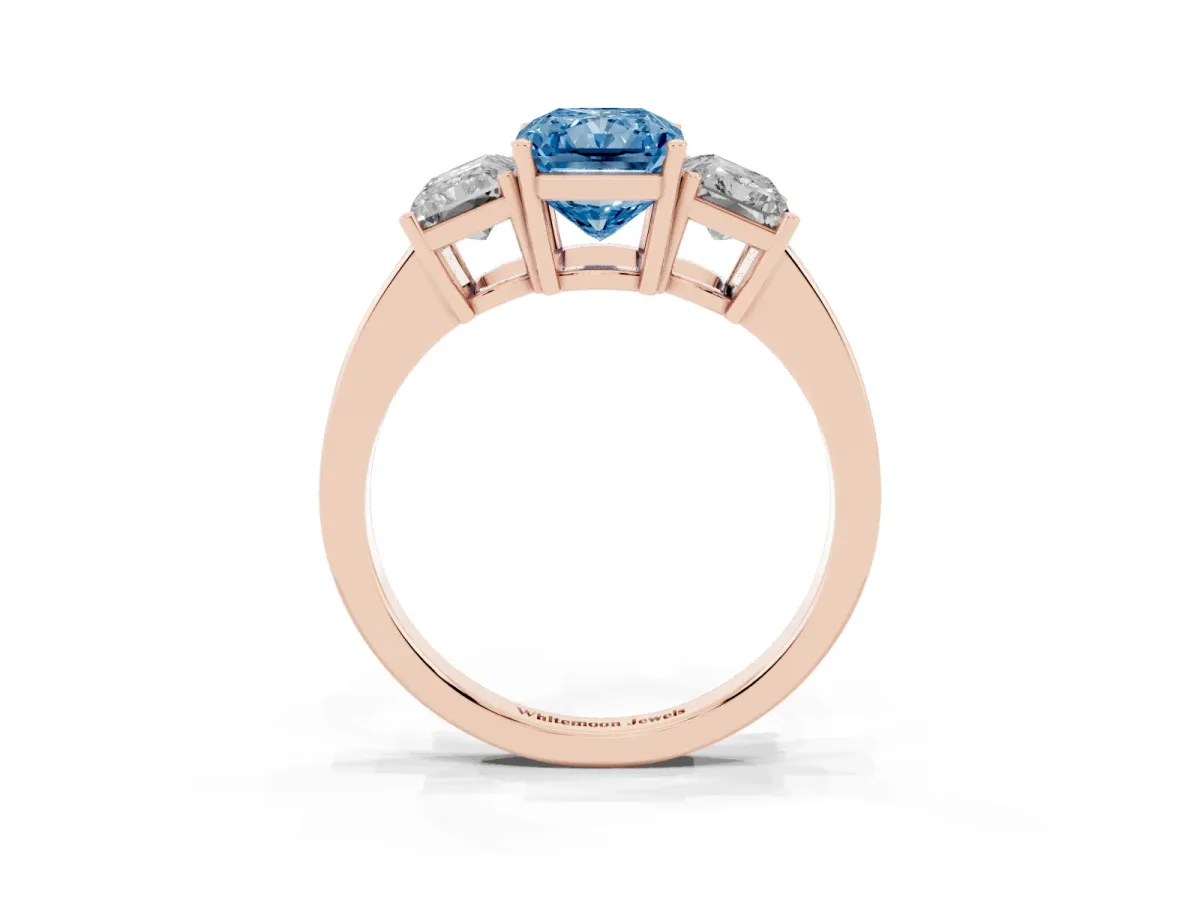 Fancy Blue Three-Stone Radiant Cut Cut Diamond Engagement Ring with Flat Band and Four-Prong Setting Rose gold