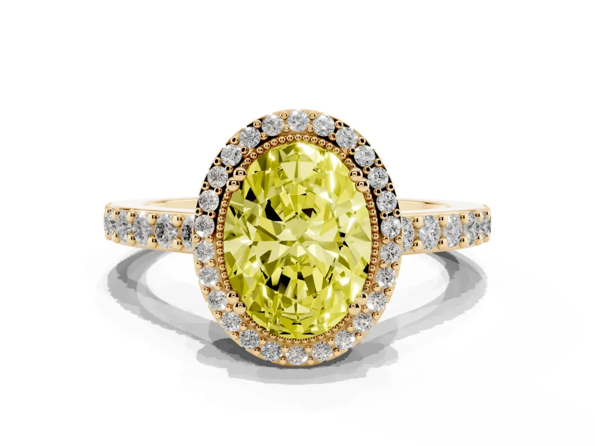 Fancy Yellow Oval Cut Cut Diamond Halo Engagement Ring with Milgrain Detail and Pavé Band Yellow gold