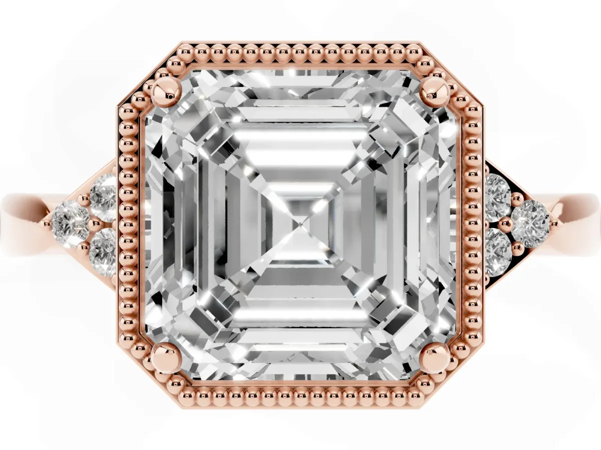 Hexagonal Halo Asscher Cut Diamond Solitaire with Pavé Band and Four-Prong Setting Rose gold