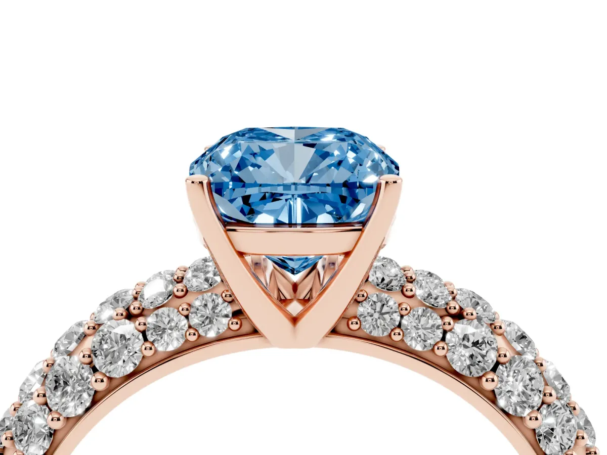Fancy Blue Cushion Cut Diamond Pavé Band Solitaire Ring with Four-Prong Setting Rose gold