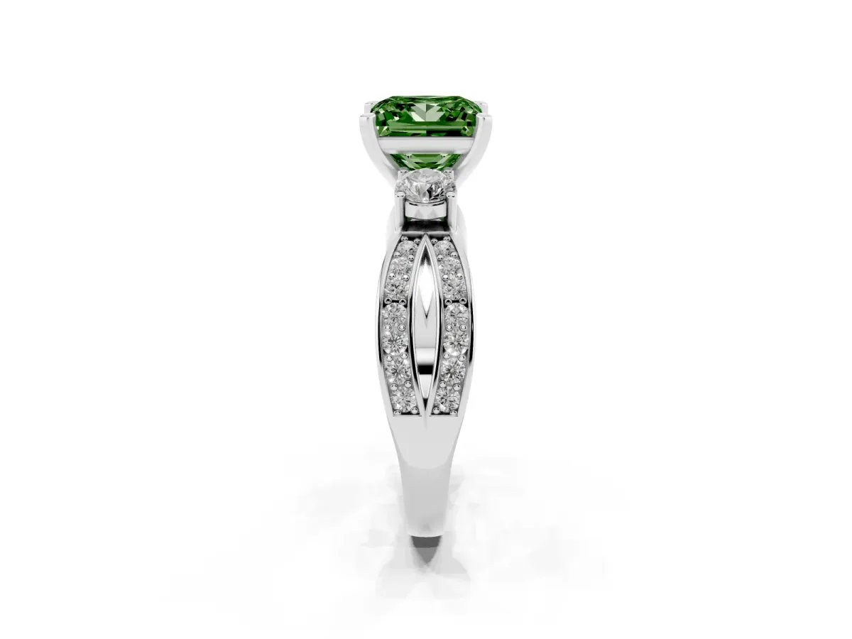 Fancy Green Three-Stone Princess Cut Cut Diamond Twist Band with Prong Setting Silver