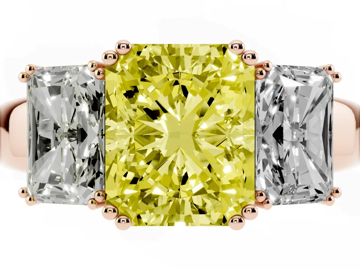 Fancy Yellow Three-Stone Radiant Cut Cut Diamond Ring with Channel Set Band and Four-Prong Setting Rose gold