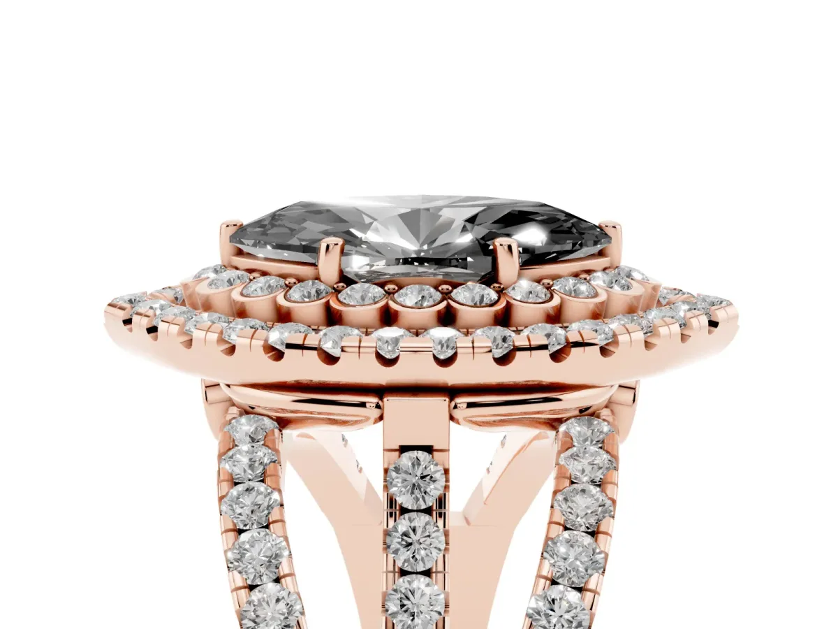 Fancy Black Marquise Cut Diamond Double Halo Ring with Round Pavé Split Shank and Prong Setting Rose gold