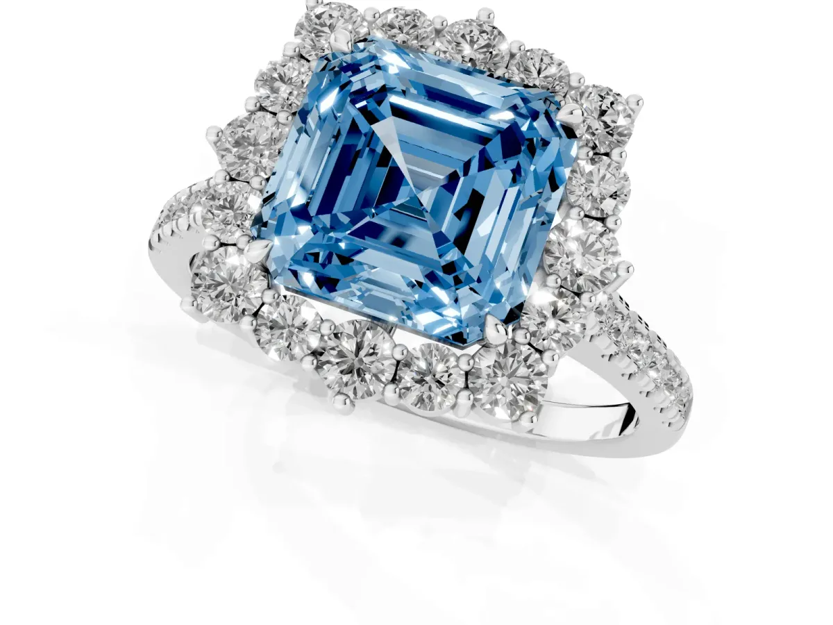 Fancy Blue Asscher Cut Halo Diamond Ring with Pavé Band and Prong Setting Silver