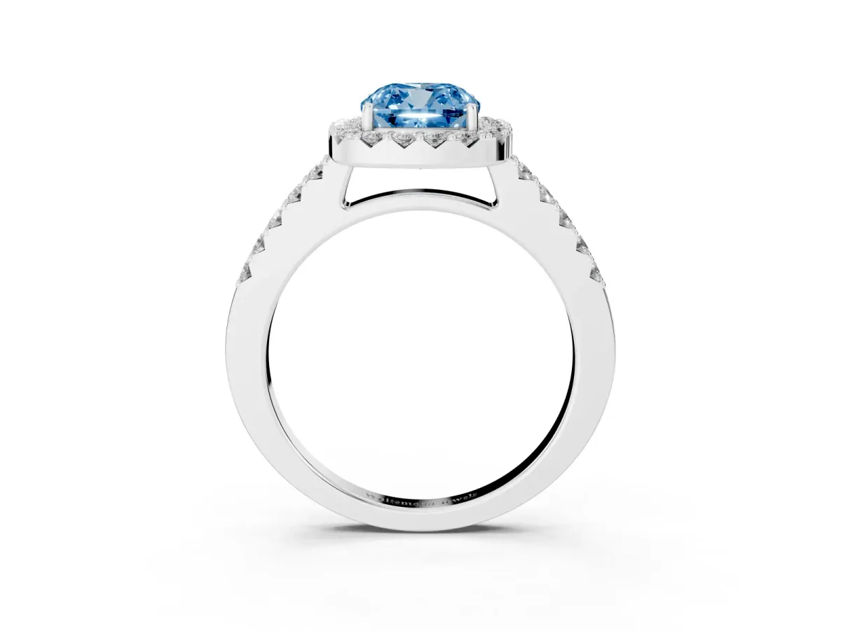 Fancy Blue Cushion Cut Halo Diamond Pavé Solitaire Ring Platinum