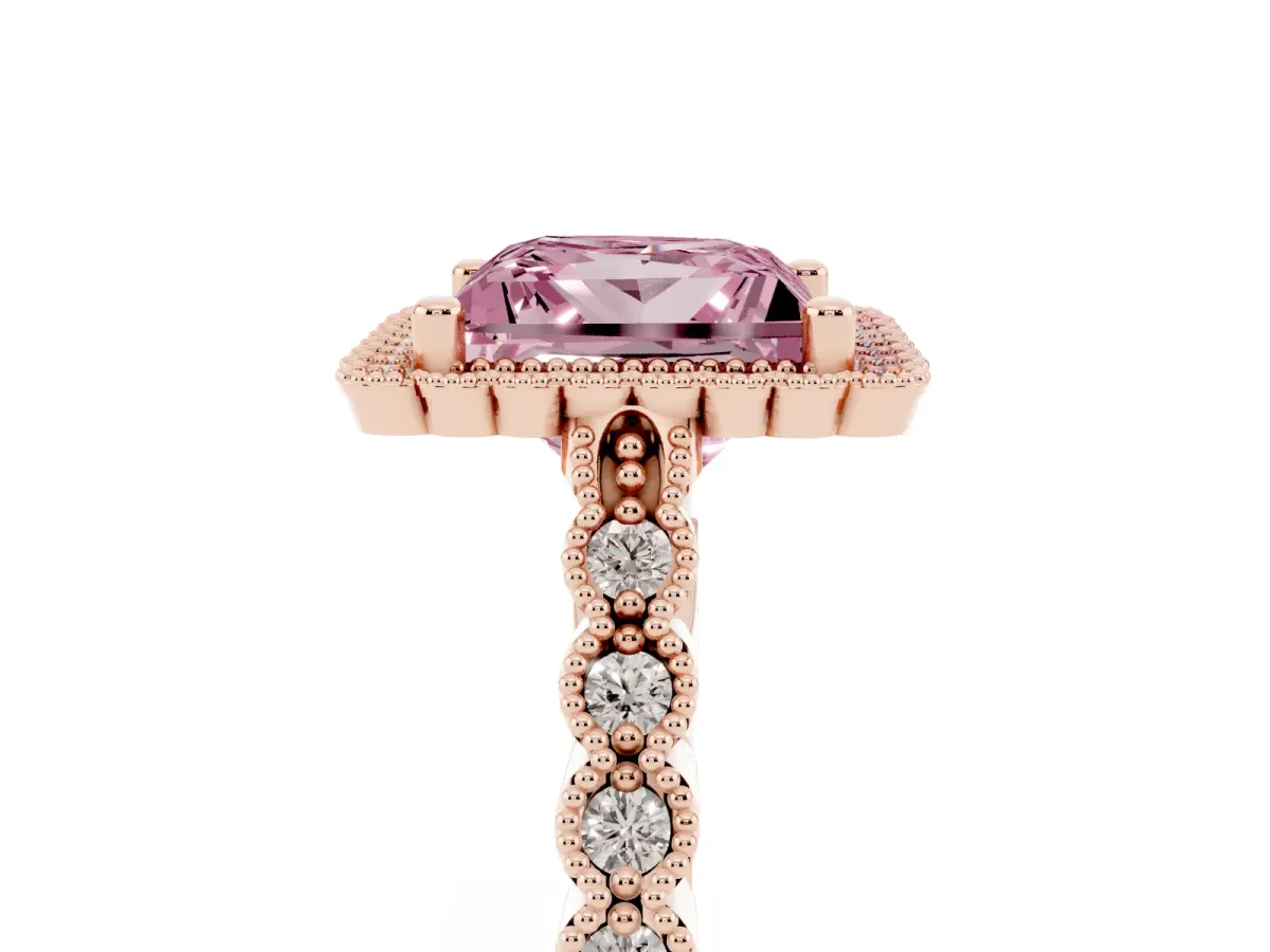 Fancy Pink Princess Cut Cut Halo Pavé Solitaire Ring with Milgrain Band Rose gold