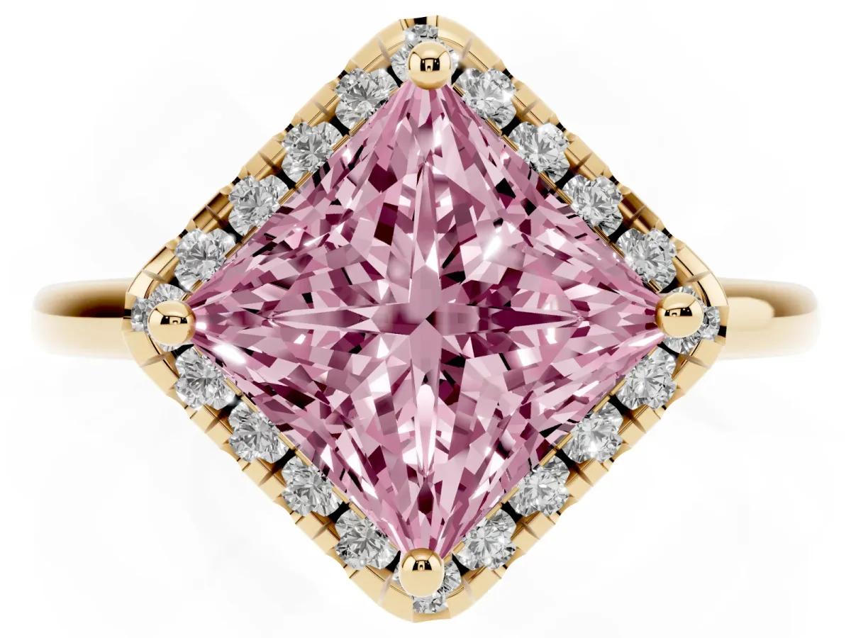 Fancy Pink Princess Cut Halo Round Diamond Solitaire Engagement Ring with Pave Band and Four-Prong Setting Yellow gold