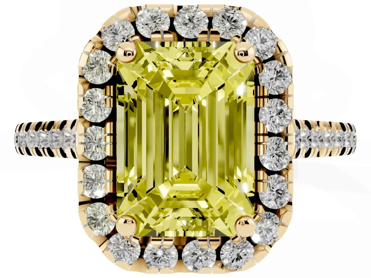 Fancy Yellow Emerald Cut Diamond Cushion Halo Ring with Pavé Band Yellow gold