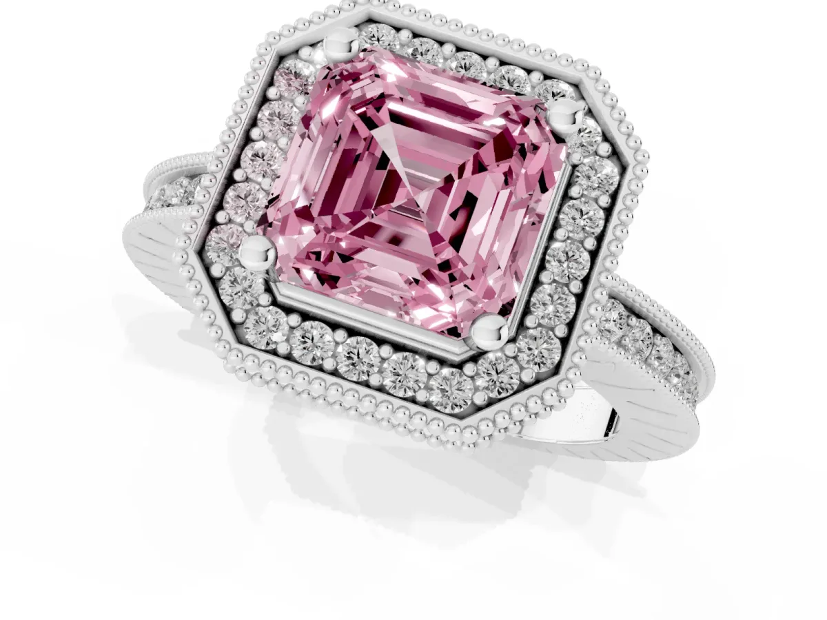 Fancy Pink Asscher Cut Diamond Milgrain Halo Engagement Ring with Round Pavé Band and Prong Setting Platinum