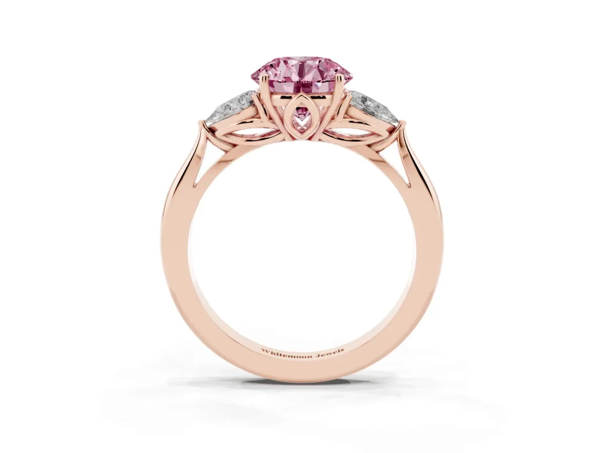 Fancy Pink Round Cut Diamond Three-Stone Ring with Pear Side Stones and Prong Setting Rose gold