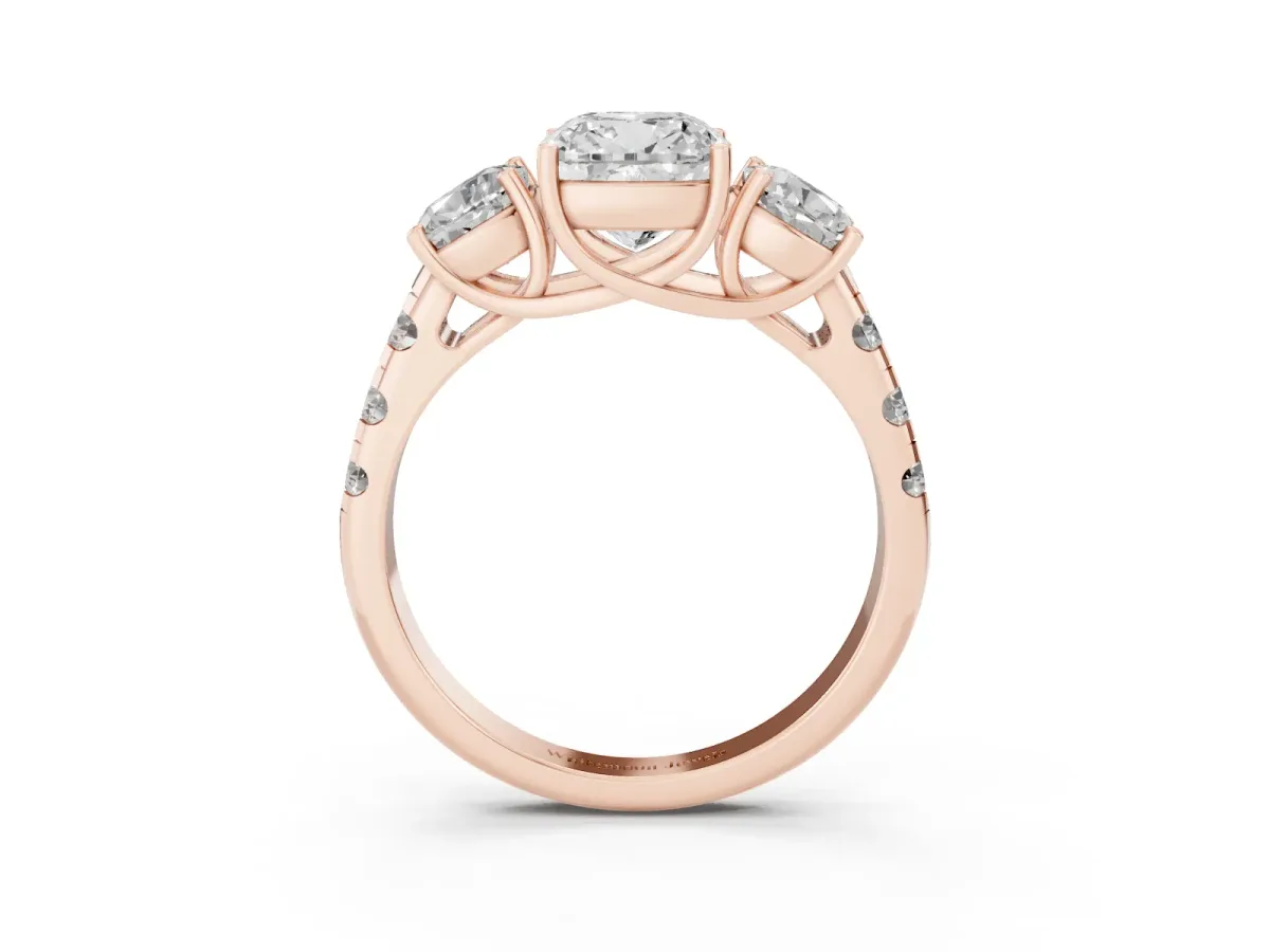 Three-Stone Cushion Cut Diamond Pavé Band with Prong Setting Rose gold