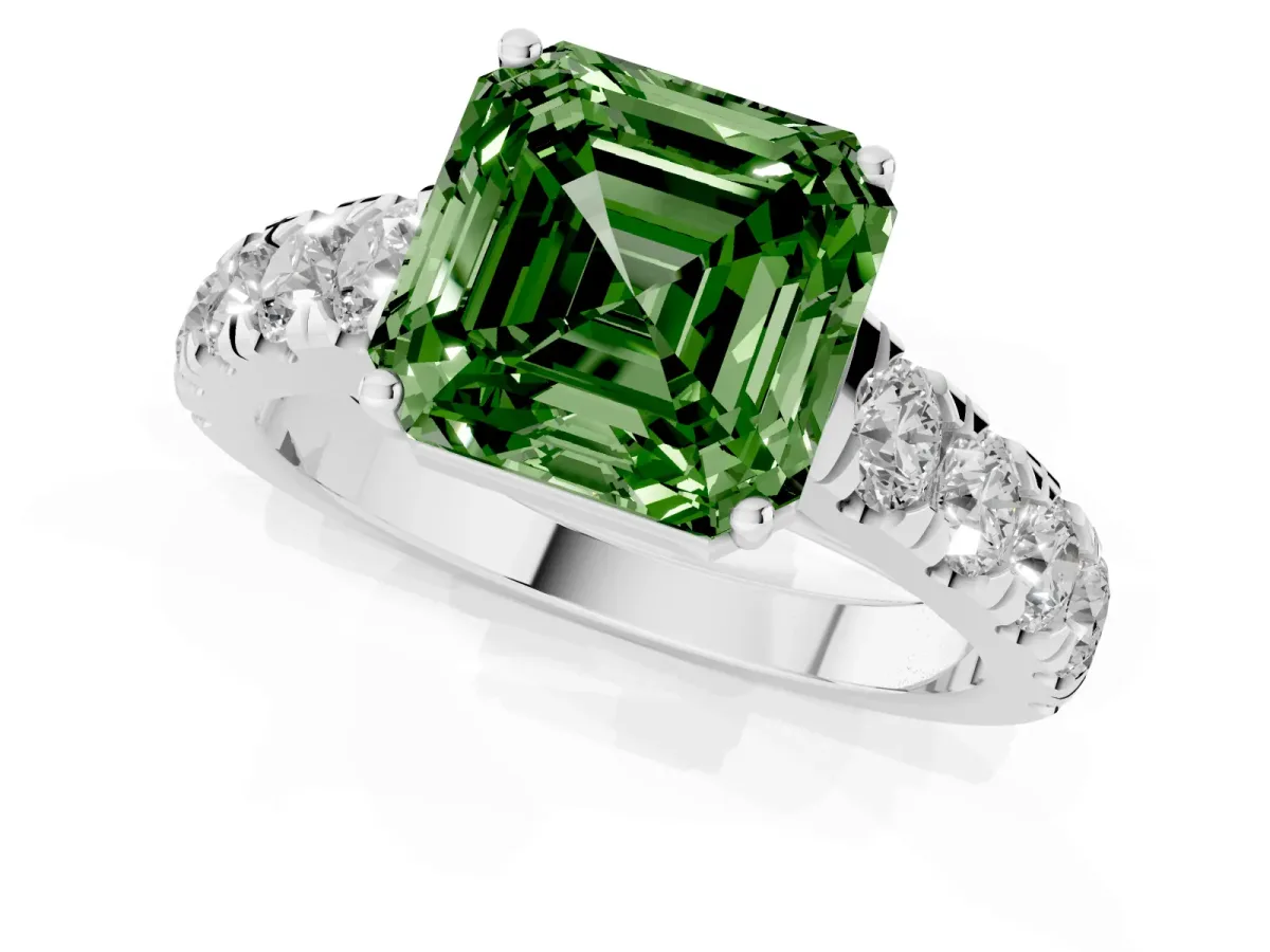 Fancy Green Asscher Cut Cut Diamond Solitaire Ring with Micro Pave Band and Prong Setting Silver