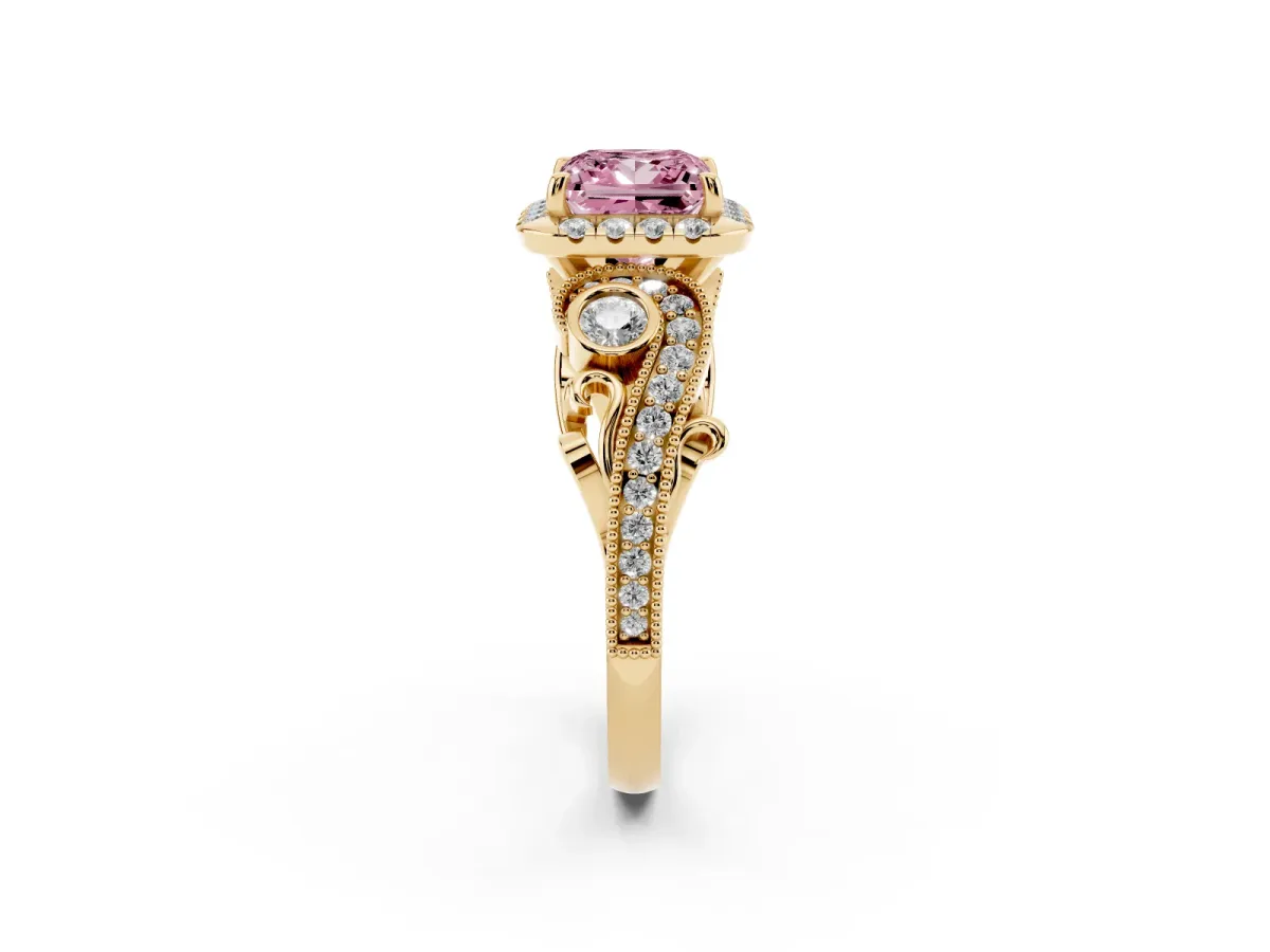 Fancy Pink Princess Cut Diamond Halo Ring with Milgrain Pavé Band and Four-Prong Setting Yellow gold