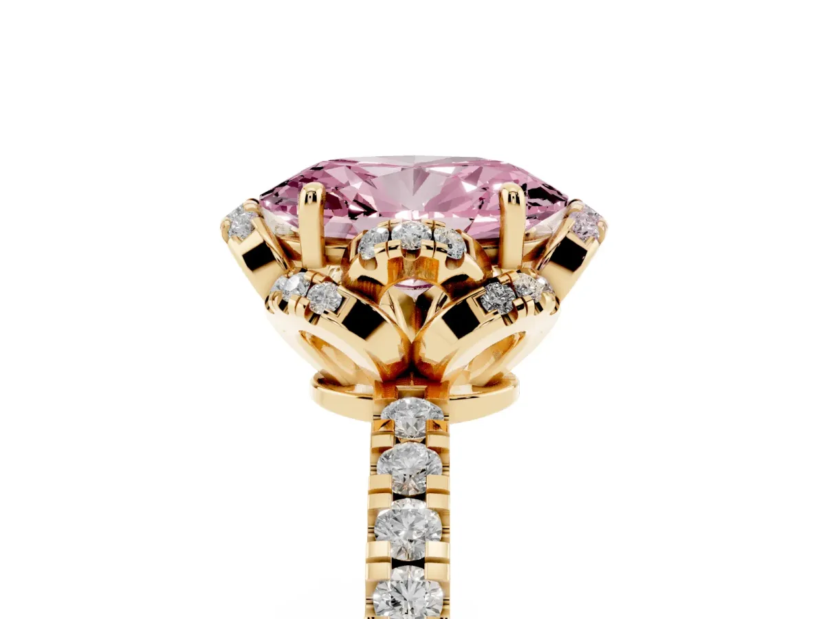 Fancy Pink Oval Cut Halo Diamond Pave Band Ring with Four-Prong Setting Yellow gold