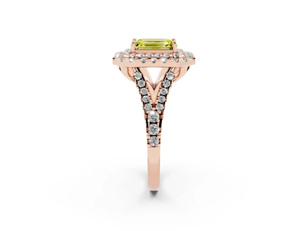 Fancy Yellow Double Halo Emerald Cut Diamond Pavé Split Shank Ring with Prong Setting Rose gold