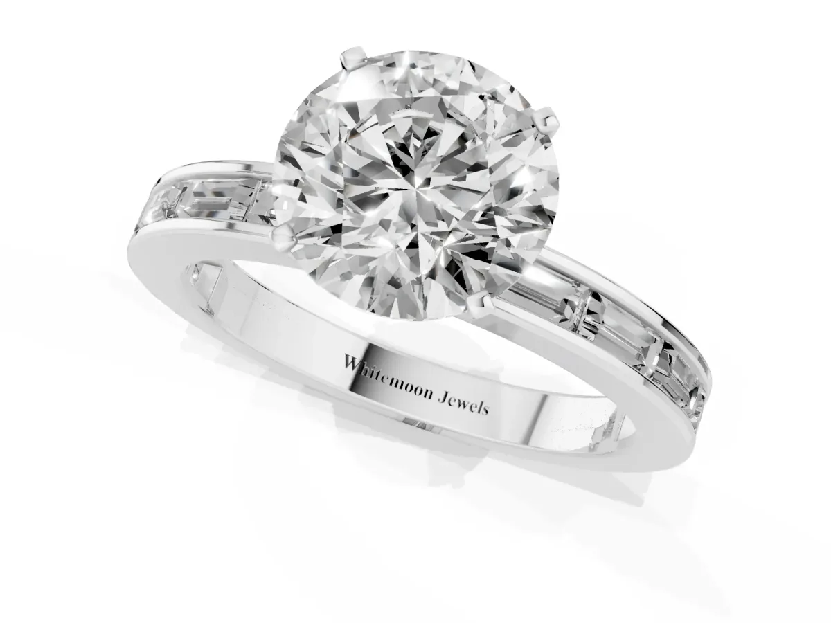 Round Cut Solitaire Diamond Ring with Channel-Set Baguette Band and Four-Prong Setting White gold