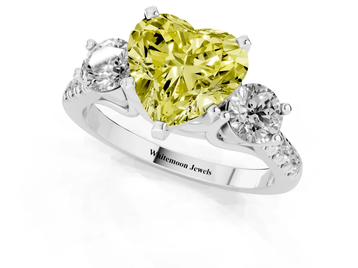 Fancy Yellow Three-Stone Heart Cut Diamond Pavé Band with Four-Prong Setting Silver