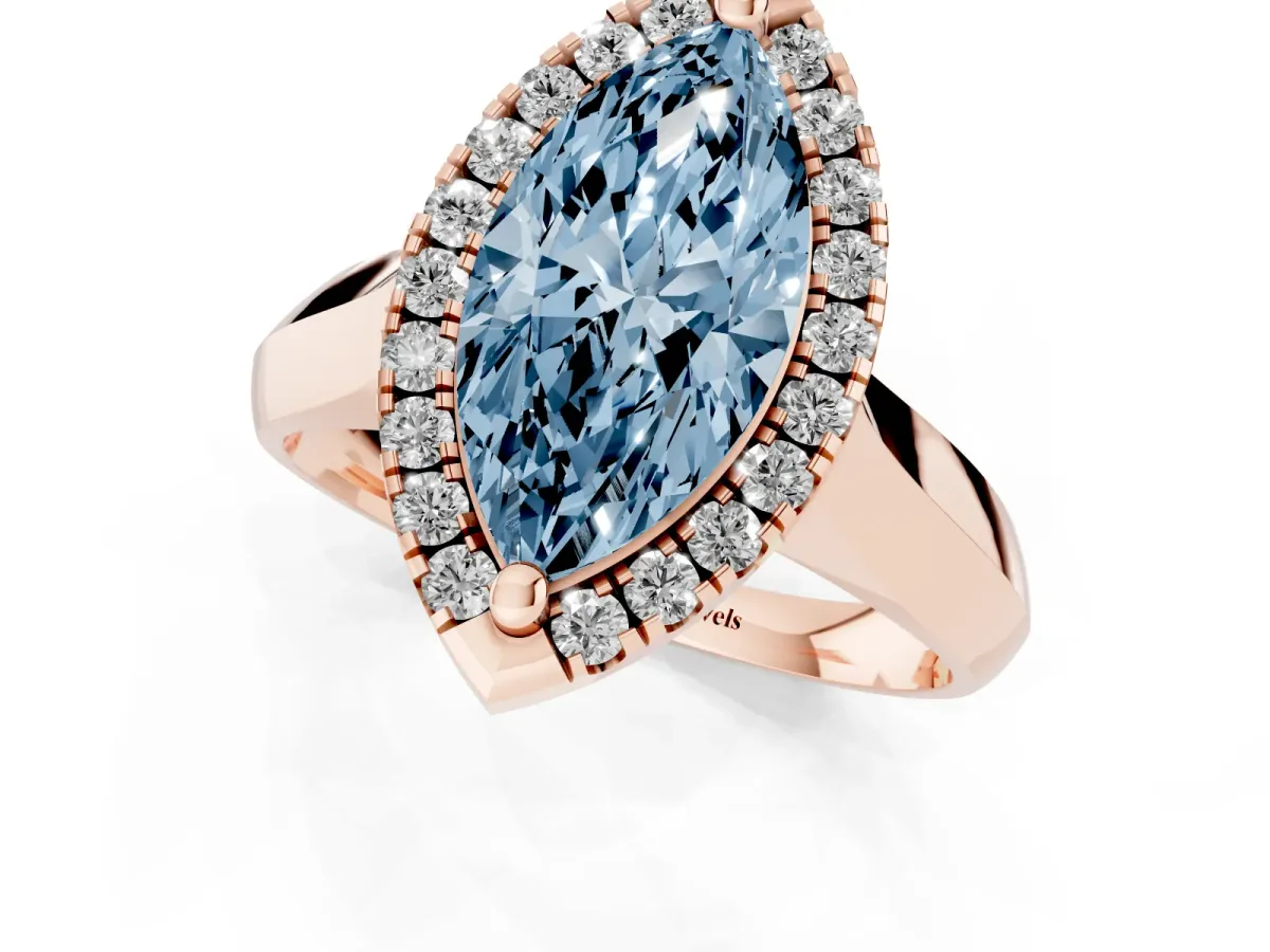 Fancy Blue Marquise Cut Cut Halo Solitaire Engagement Ring with Square Band and Four-Prong Setting Rose gold