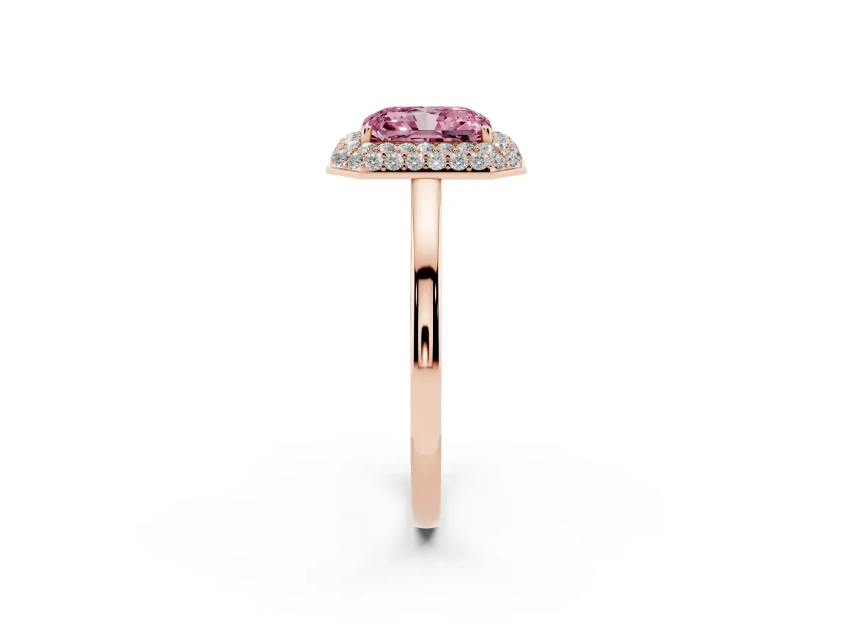 Fancy Pink Radiant Cut Halo Diamond Engagement Ring with Solitaire Band and Four-Prong Setting Rose gold