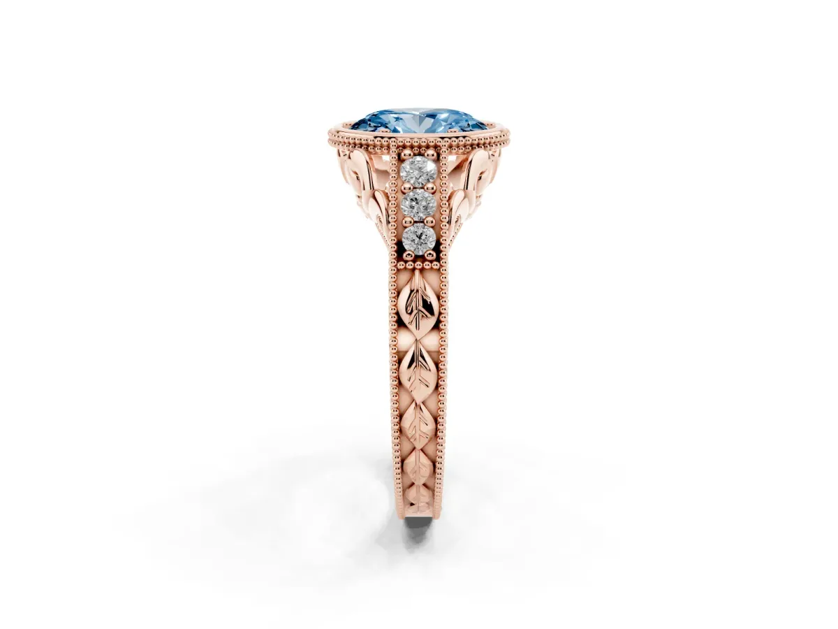 Fancy Blue Bezel Set Oval Cut Diamond Milgrain Pave Engagement Ring Rose gold