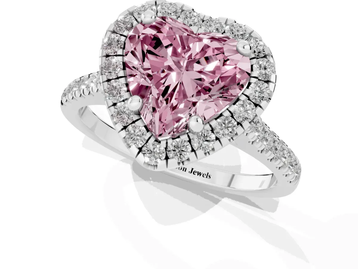 Fancy Pink Heart Cut Diamond Cushion Halo Ring with Pavé Band White gold