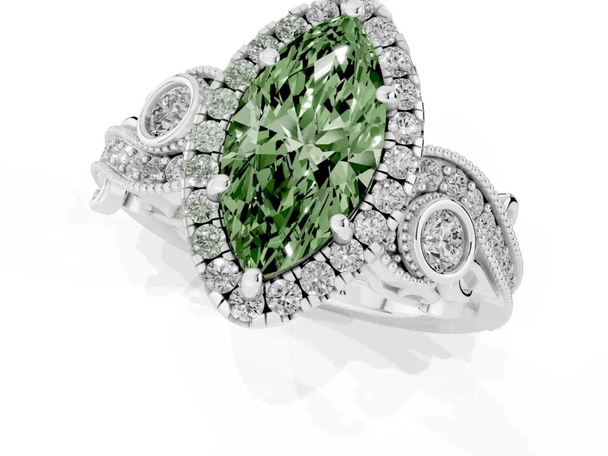 Fancy Green Marquise Cut Diamond Halo Ring with Milgrain Pavé Band and Four-Prong Setting Platinum