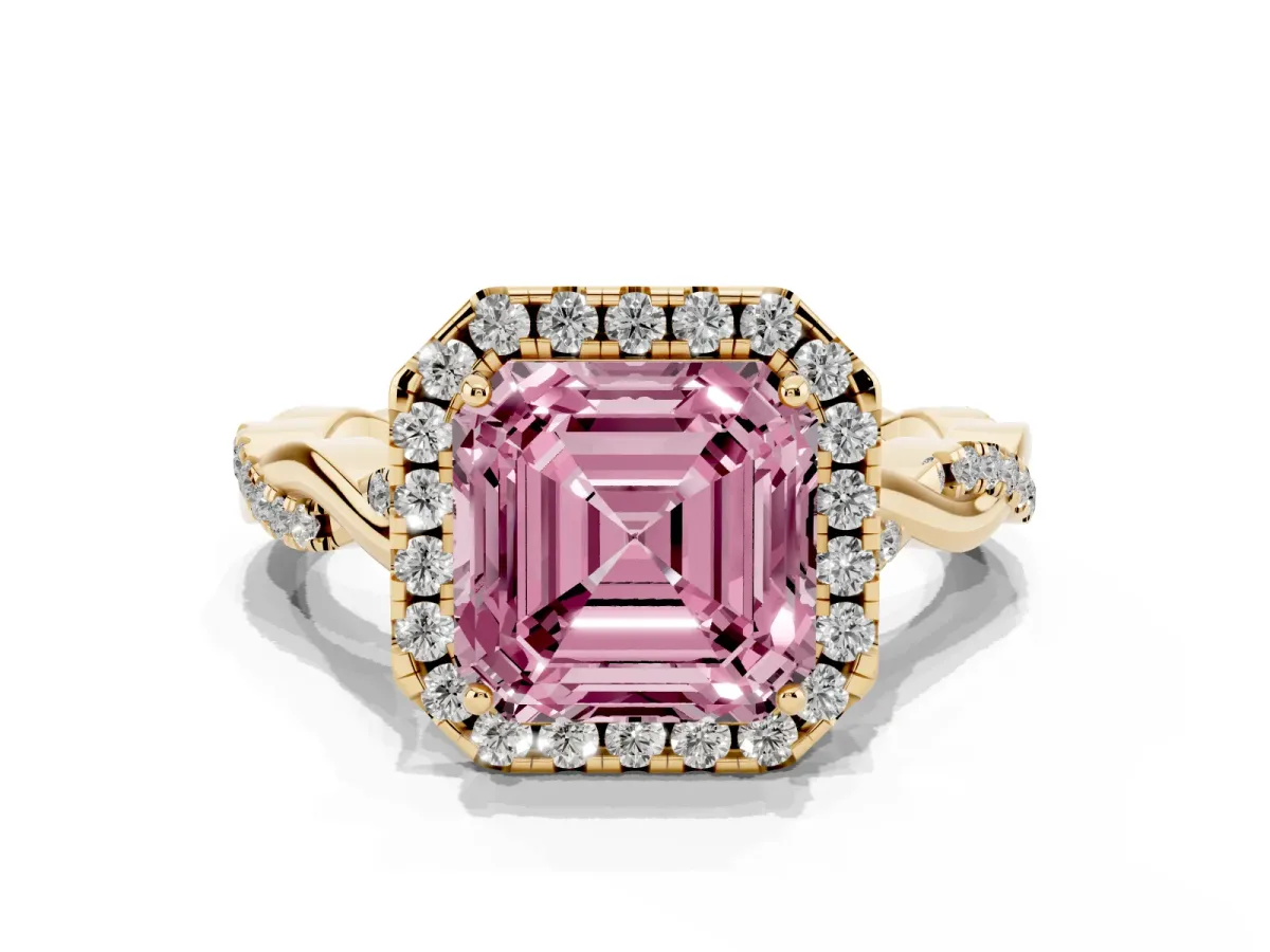 Fancy Pink Asscher Cut Halo Twist Band Solitaire Ring Yellow gold