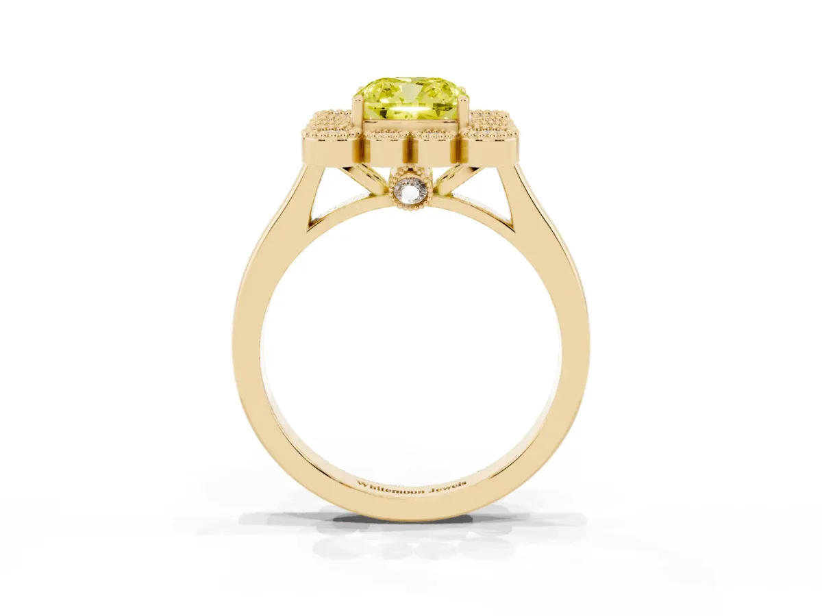 Fancy Yellow Cushion Cut Halo Diamond Cluster Engagement Ring with Milgrain Bezel Setting and Solitaire Band Yellow gold