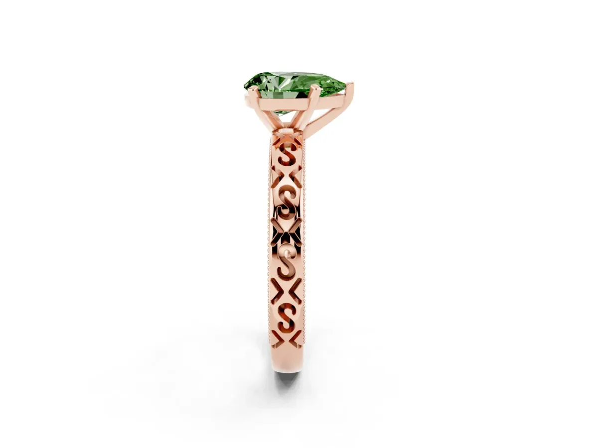Fancy Green Pear Cut Solitaire Engagement Ring with Scrollwork Band and Four-Prong Setting Rose gold