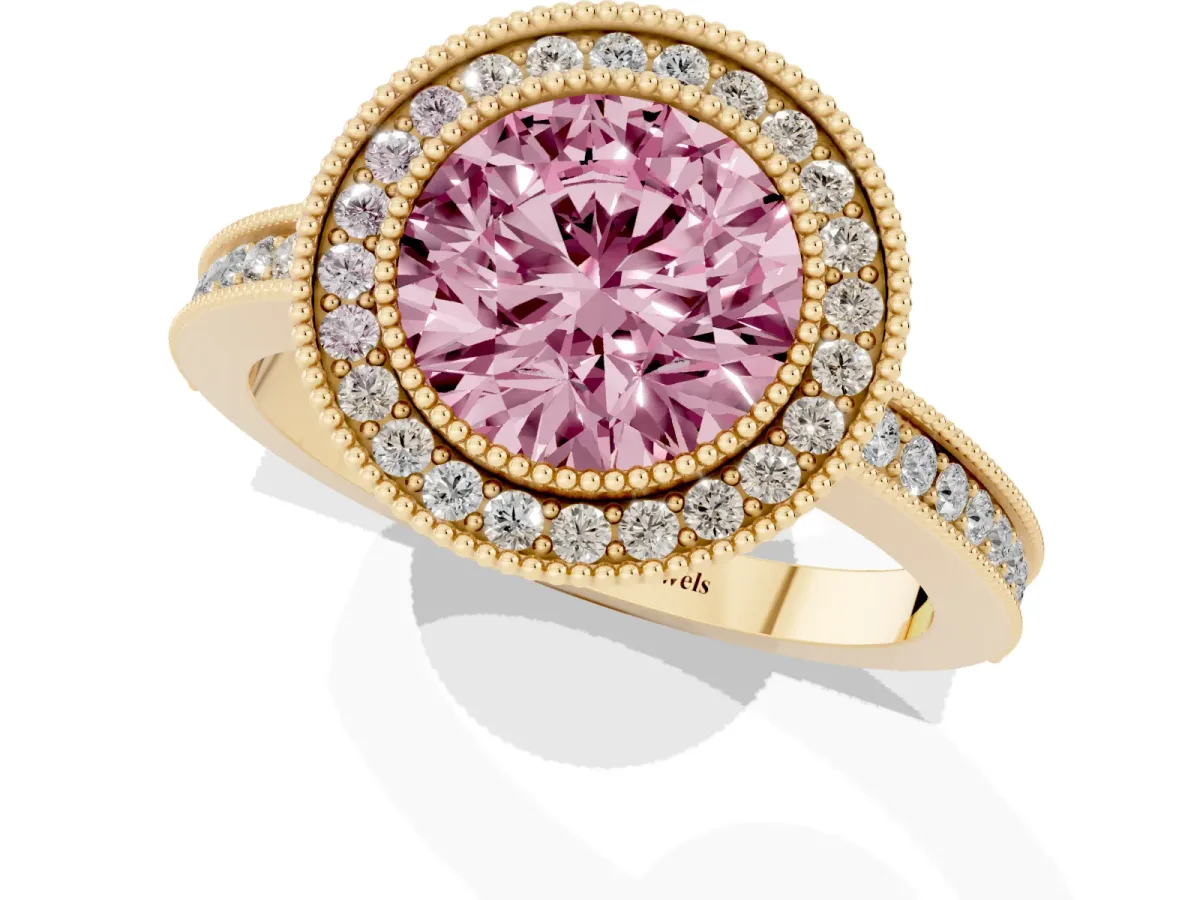 Fancy Pink Round Cut Cut Halo Diamond Ring with Pavé Band and Milgrain Prong Setting Yellow gold