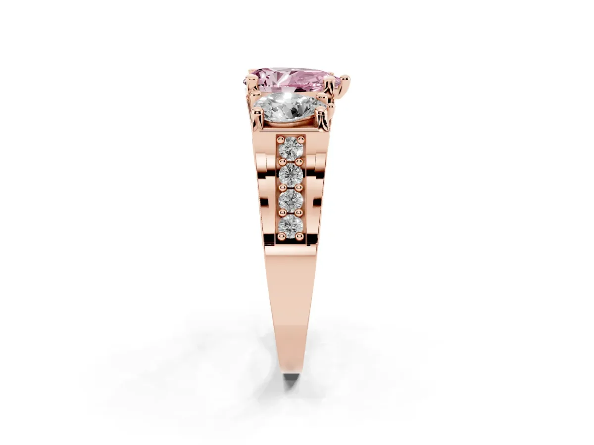 Fancy Pink Pear Cut Diamond Three-Stone Ring with Channel Set Band and Four-Prong Setting Rose gold