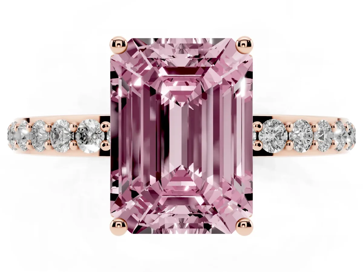 Fancy Pink Emerald Cut Diamond Solitaire Ring with Pavé Band and Hidden Halo Rose gold