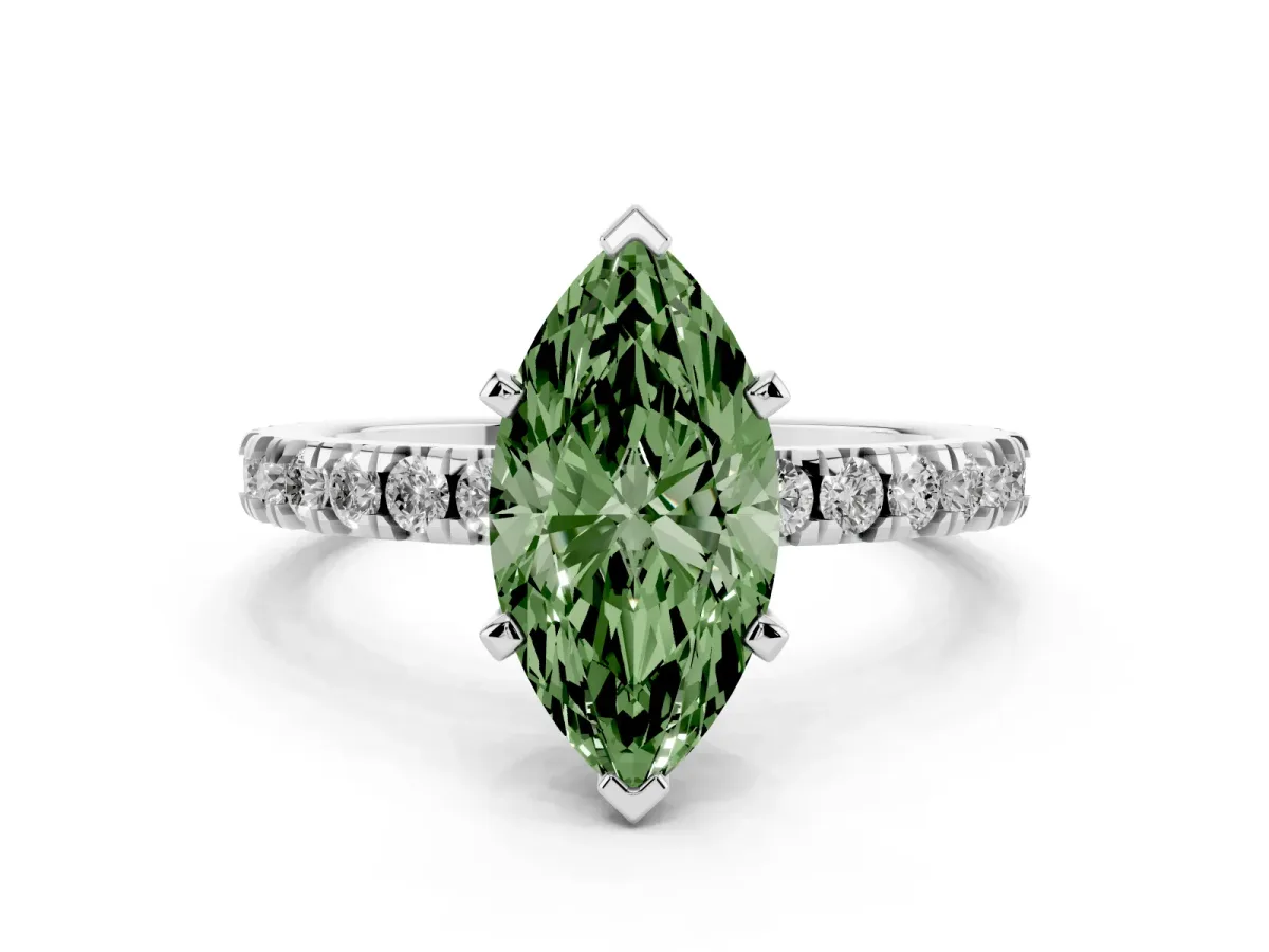 Fancy Green Marquise Cut Diamond Pavé Band Solitaire with Four-Prong Setting Silver