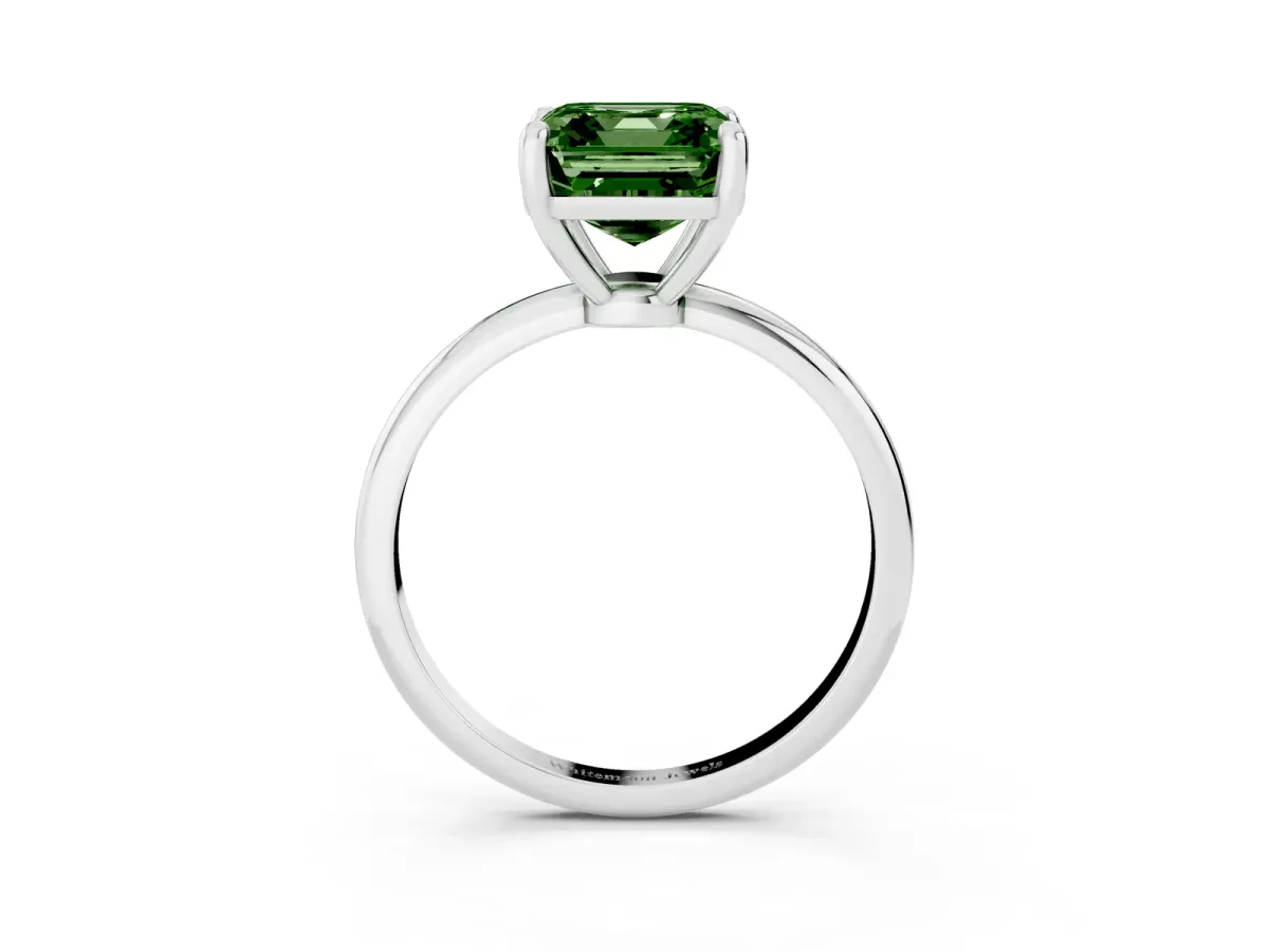 Fancy Green Asscher Cut Solitaire Diamond Ring with 4-Prong Setting on a Classic Band Silver