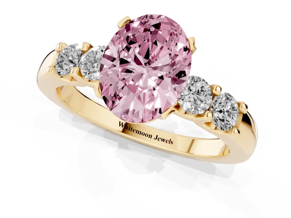 Fancy Pink Oval Cut Brilliant Cut Diamond Five-Stone Prong Set Engagement Ring with Channel Band Yellow gold