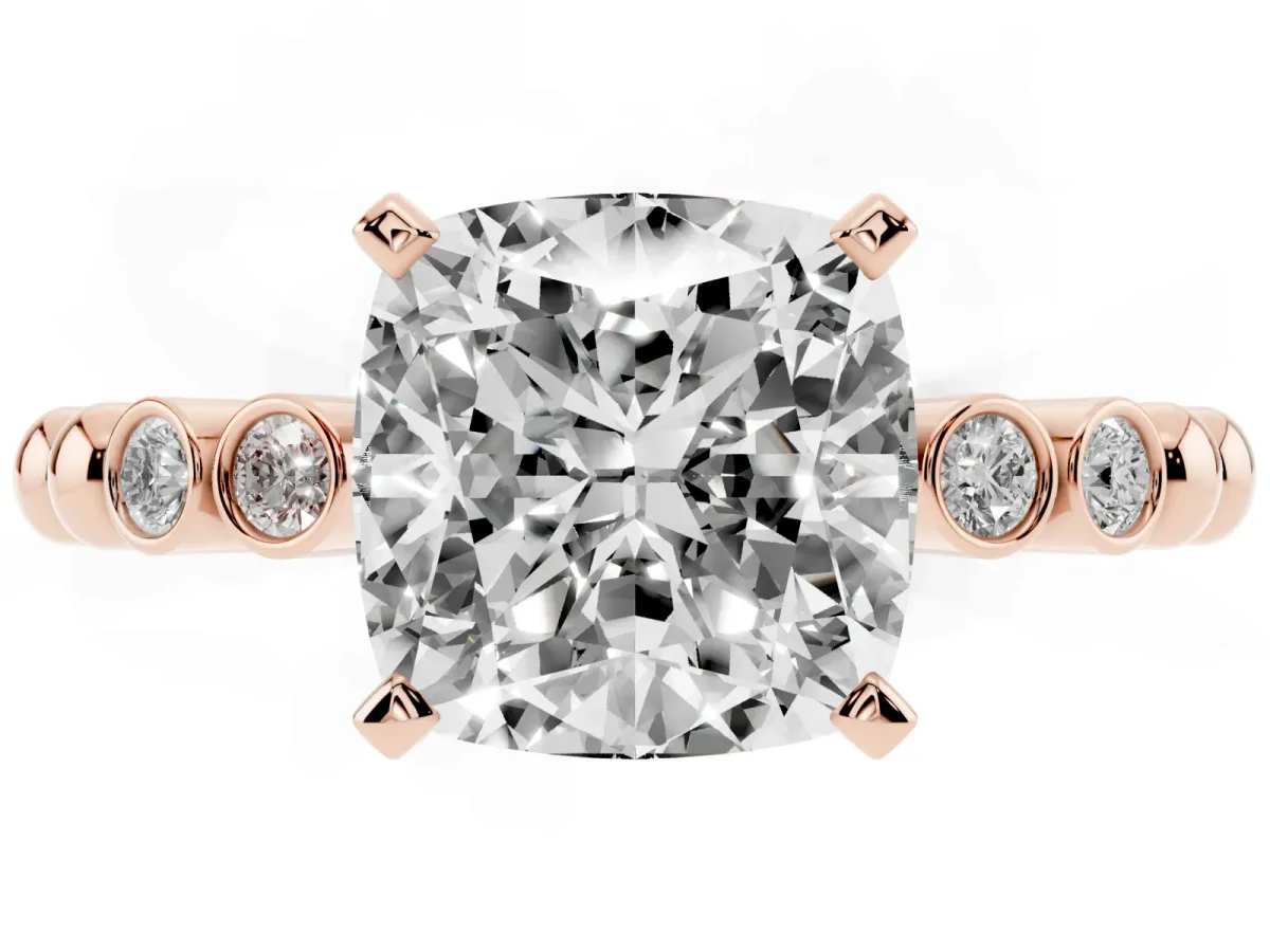 Cushion Cut Solitaire Bezel Accent Diamond Engagement Ring with Beaded Band and Four-Prong Setting Rose gold