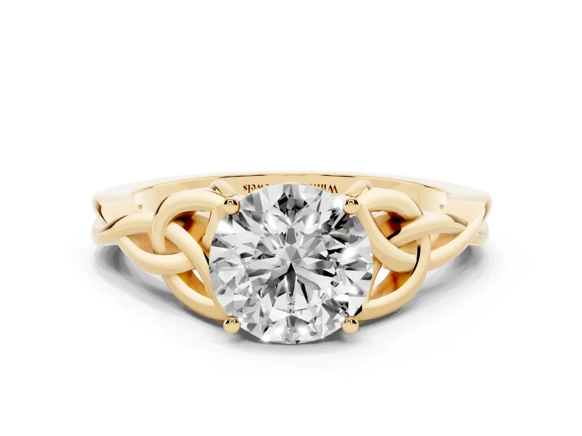 Round Cut Diamond Solitaire Engagement Ring with Celtic Knot Band and Four-Prong Setting Yellow gold