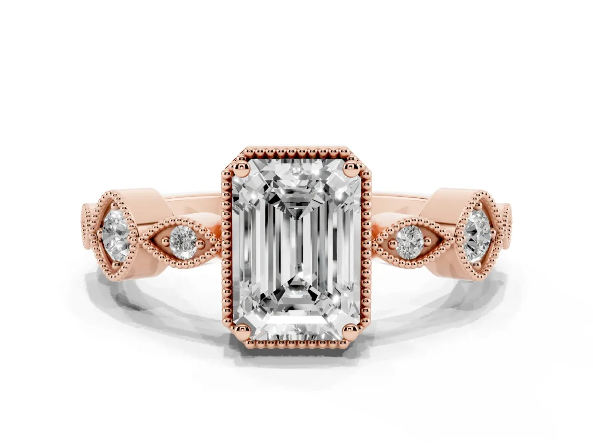 Emerald Cut Diamond Vintage Milgrain Ring with Round Stations Rose gold