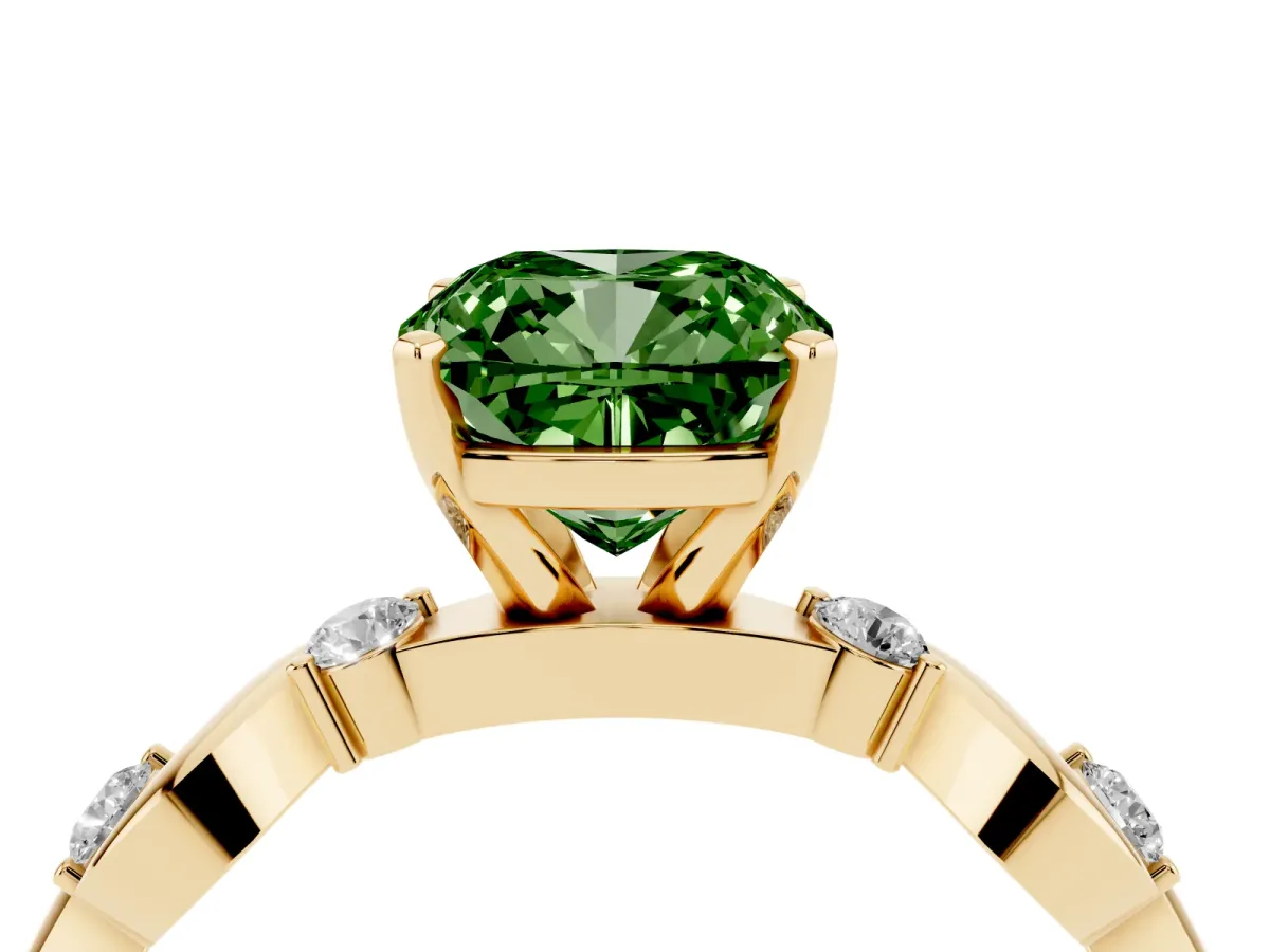 Fancy Green Cushion Cut Diamond Solitaire Twisted Band with Round Accents and Prong Setting Yellow gold