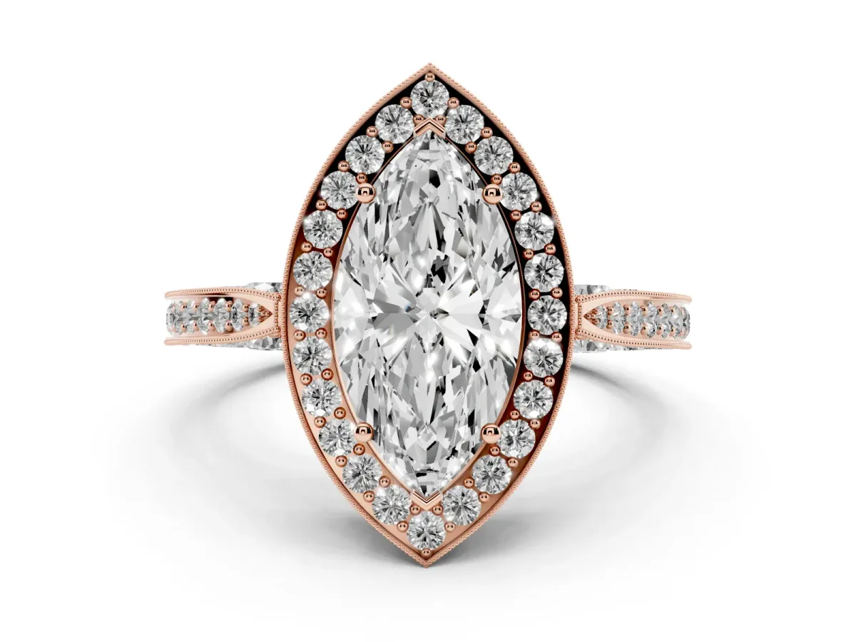 Marquise Cut Halo Diamond Engagement Ring with Split Shank Band and Four-Prong Setting Rose gold