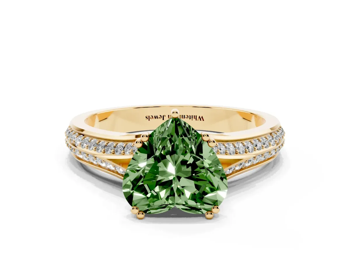 Fancy Green Heart Cut Diamond Split Shank Engagement Ring with Pavé Band Yellow gold
